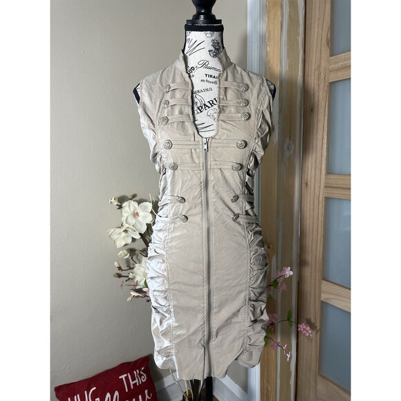 Poetry Tan Short Dress Size M with Brass Buckle Buttons Zip - Picture 1 of 8